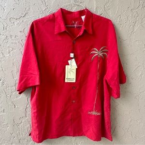 Bamboo Cay Red Palm Tree Hawaiian Camp Shirt Mens XL Embroidered Short Sleeve
